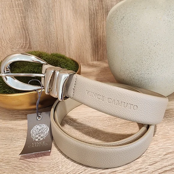 Vince Camuto Women's Sculptural Sand Faux Leather Belt Silver Buckle Size XL - Picture 3 of 9